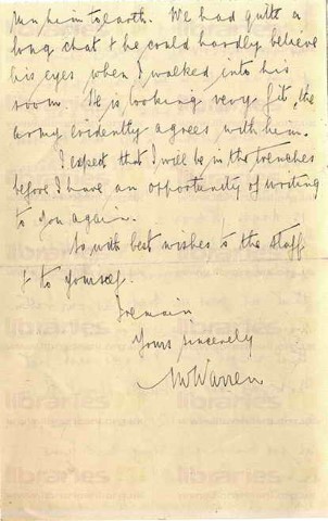 WAR 005. Letter from Warren to Elliott 20 March 1916. France. 16th Royal Scots, Sir George McCrae, officer receives military cross, meets Simpson. Page four of four. 