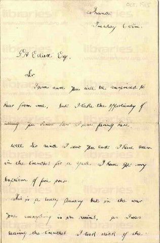 McC 002. Letter from McCausland to Elliott 1 October 1915. France. Trenches, effect of war on landscape and French people, graves. Page one of four. 