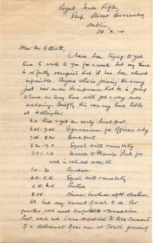 COU 003. Letter from Coulson to Elliott, Chief Librarian. Dublin 23 October 1914. Training, cost of living. Page one of four. 