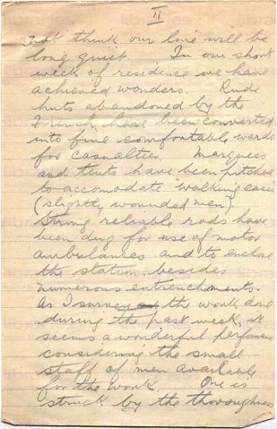 FIT 013. Letter from Fitzsimons to Elliott 13 October 1916. France. Casualty clearing station, roads, French countryside, star shells. Page two of four. 