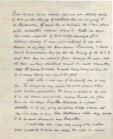 COU 020. Letter from Coulson to Elliott 22 August 1915. Seaford, Sussex. Injury, Intelligence Officer, Sir A Murray and Kitchner, U.V.F., local area. Page two of three.