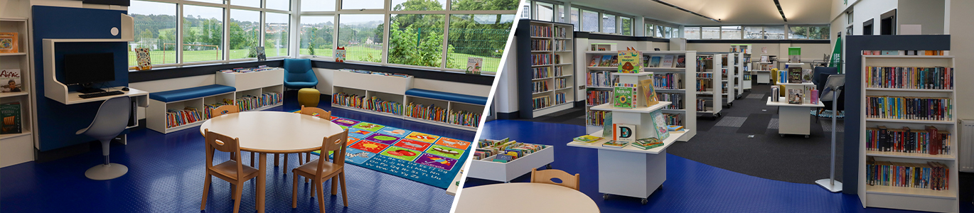 A collage of photos of Bessbrook Library interior