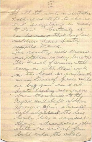 FIT 013. Letter from Fitzsimons to Elliott 13 October 1916. France. Casualty clearing station, roads, French countryside, star shells. Page three of four. 