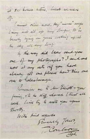 COU 013. Letter from Coulson to Elliott 12 May 1915. Lurgan. Gymkhana, injured, Simpson. Page four of four. 