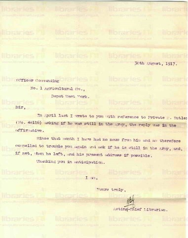 BUT 011. Letter from Letter from Goldsbrough to Officer Commanding No. 1 Agricultural ​Co 30 August 1917. Duplicate copy. Page one of one. 