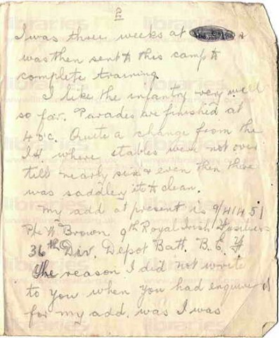 BRO 010. Letter from Brown to Goldsbrough 12 September 1917. Transferred to Royal Irish Fusiliers, infantry, other staff at war. Page two of three.