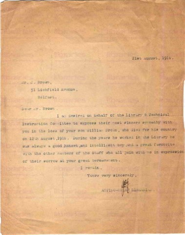 BRO 014. Letter from Goldsbrough to Brown's father, John Brown 21 August 1918. Sympathies from library staff and committee. Page one of one. 