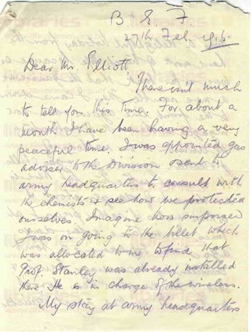 COU 031. Letter from Coulson to Elliott 27 February 1916. France. Gas advisor, snow, newspaper reporting, McCausland, officers and their men, trenches. Page one of eight. 