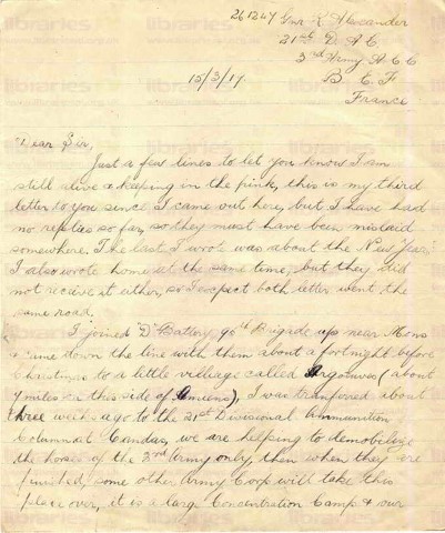 ALE 006. Letter from Alexander to Goldsbrough 15 March 1919. Candas, France. Demobilizing the horses, strike in Belfast. Page one of two. 