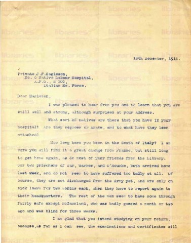EAG 021. Letter from Goldsbrough to Eagleson 18 December 1918. Staff at war, library matters, Christmas wishes. Page one of two. 
