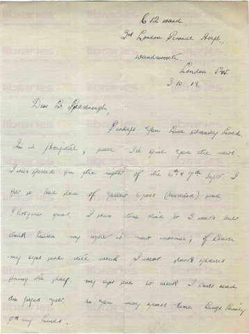 McC 021. Letter from McCausland to Goldsbrough 3 October 1918. London General Hospital. Gassed, eyesight. Page one of two. 