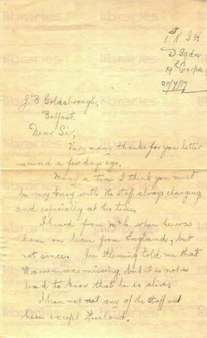 BRO 009. Letter from Brown to Goldsbrough 20 July 1917. Library staff, other staff at war. Page one of two. 