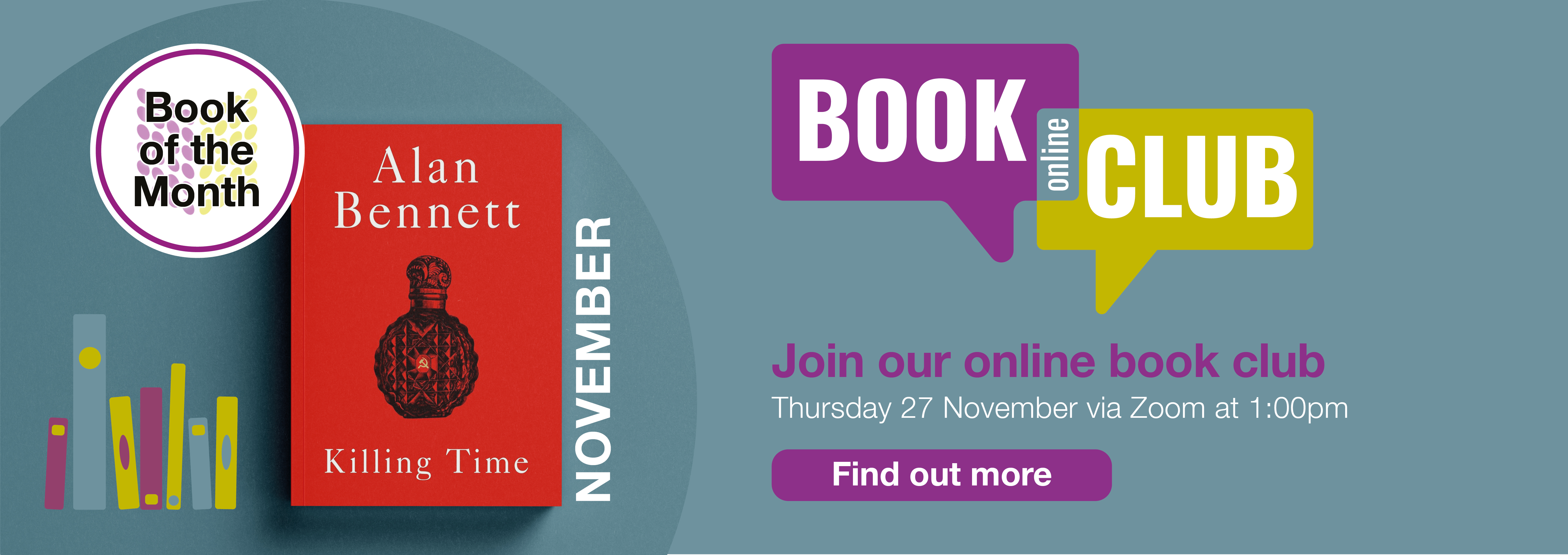 Banner with online book club November 2025 Killing Time by Alan Bennett