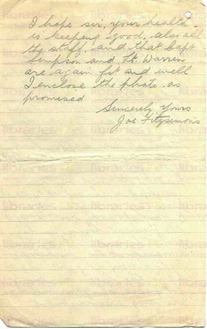 FIT 011. Letter from Fitzsimons to Elliott 25 July 1916. France. 'Great offensive' casualties, Ulster Division, Robert Rainey. Page four of four. 