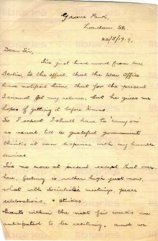 ORO 017. Letter from O'Rourke to Goldsbrough 22 July 1919. Grove Park, London. Joseph Devlin, demobilisation. Page one of two. 