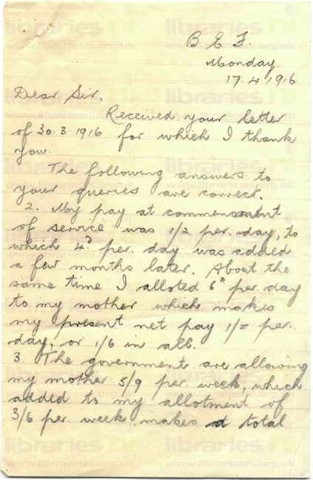 EAG 004. Letter from Eagleson to Elliott 17 April 1916. France. Wages. Page one of two.