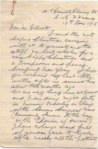 FIT 014. Letter from Fitzsimons to Elliott 18 December 1916. France. Christmas wishes, Serious Surgical Ward. Page one of two. 
