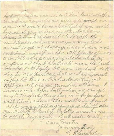 ALE 005. Letter from Alexander to Goldsbrough 01 January 1919. Argoeuves, France. Demobilization, Christmas. Page two of two. 