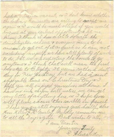 ALE 005. Letter from Alexander to Goldsbrough 01 January 1919. Argoeuves, France. Demobilization, Christmas. Page two of two. 