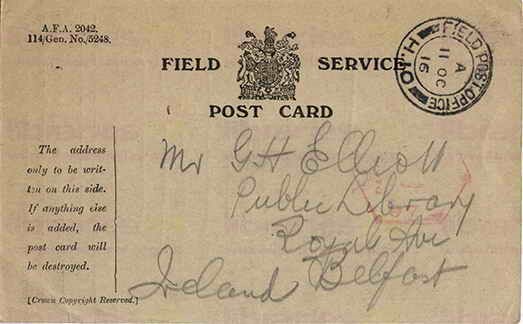 BRO 003. Field Service Postcard from Brown to Elliott 9 October 1916. I am quite well. Page one of two. 