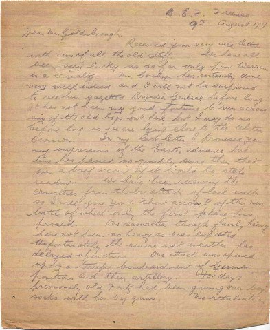 FIT 020. Letter from Fitzsimons to Goldsbrough 9 August 1917. France. Staff at war, 'big attack', casualties. Page one of three.