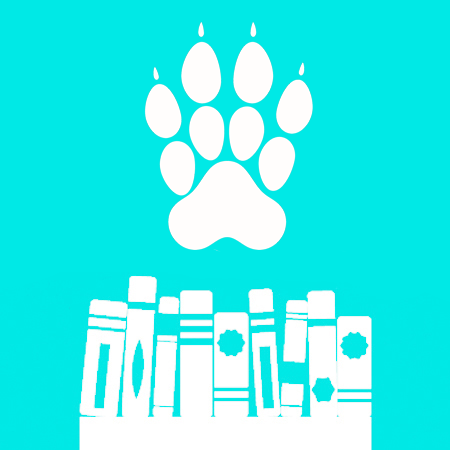 An image of a paw print with claws and some books