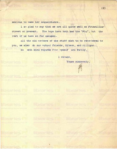 COU 048. Letter from Goldsbrough to Coulson 16 December 1918. Visits from staff returned from war, £50 bonus, flu. Page two of two.