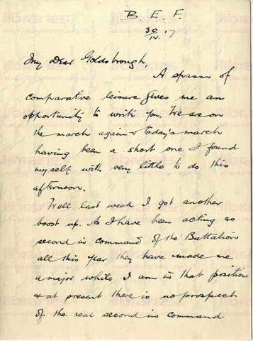 COU 039. Letter from Coulson to Goldsbrough 30 April 1917. France. Major, marching, Sir Hubert Plumer, wedding, division. Page one of three.