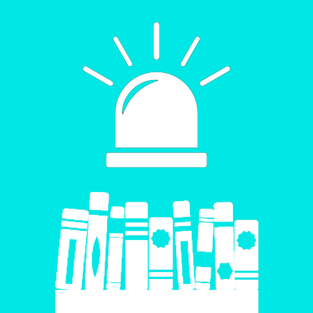 Icons of a siren and row of books