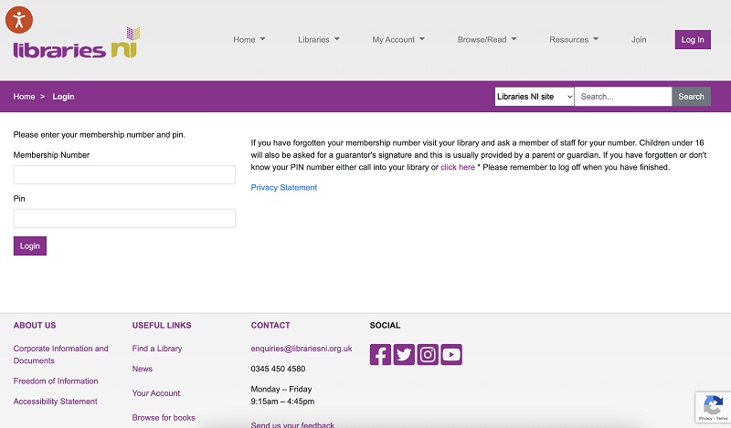 Login screen on the Libraries NI Catalogue site