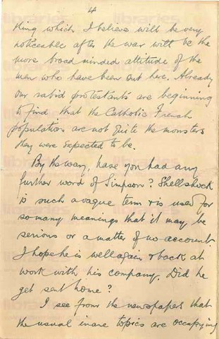 COU 035. Letter from Coulson to Elliott 6 June 1916. France. Eye injury, trenches, prisoners, naval battle, staff at war, soldiers. Page four of eight. 