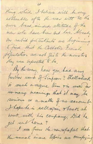 COU 035. Letter from Coulson to Elliott 6 June 1916. France. Eye injury, trenches, prisoners, naval battle, staff at war, soldiers. Page four of eight. 
