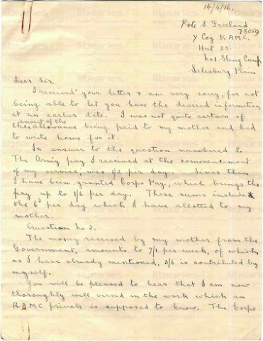 FRE 001. Letter from Freeland to Elliott 14 April 1916. Salisbury Plain. Separation allowance. Page one of two. 