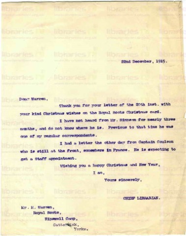 WAR 004. Letter from Elliott to Warren 22 December 1915. Simpson, Coulson, Christmas wishes. Page one of one. 