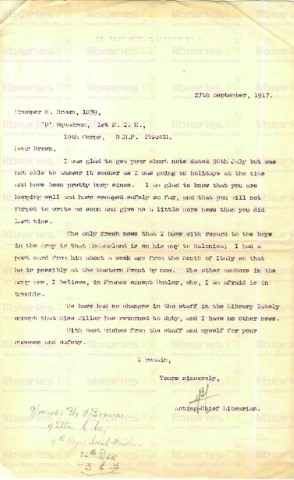 BRO 011. Letter from Goldsbrough to Brown 27 September 1917. Other staff at war, library staff. Page one of one. 