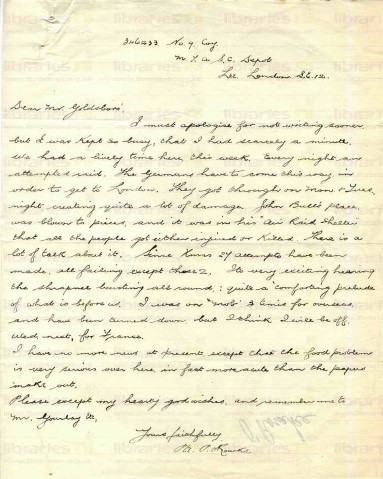 ORO 009. Letter from O'Rourke to Goldsbrough 1 April 1918. Lee, London. Air raids, 'food problem'.  Page one of two. 
