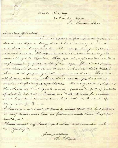 ORO 009. Letter from O'Rourke to Goldsbrough 1 April 1918. Lee, London. Air raids, 'food problem'.  Page one of two. 