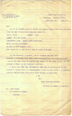BRO 015. 	Letter from Officer in charge of Records to John Brown 24 August 1918. Copy. Dublin. Death of Brown. Page one of one. 