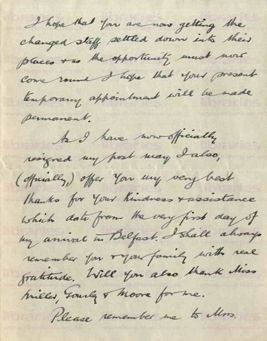 COU 053. Letter from Coulson to Goldsbrough 5 May 1919. Army of the Rhine. Resignation, intelligence work, best wishes. Page three of four.