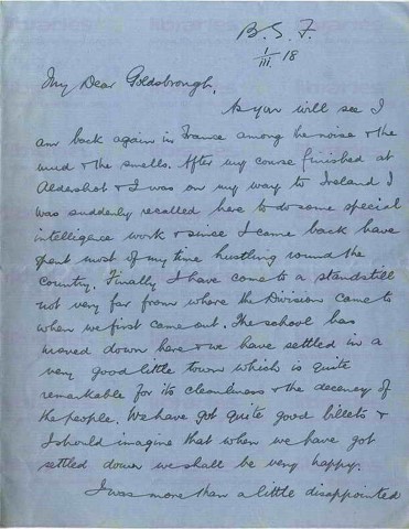 COU 043. Letter from Coulson to Goldsbrough 1 March 1918. France. Intelligence work, wife Madeleine, letter from Moore. Page one of three. 