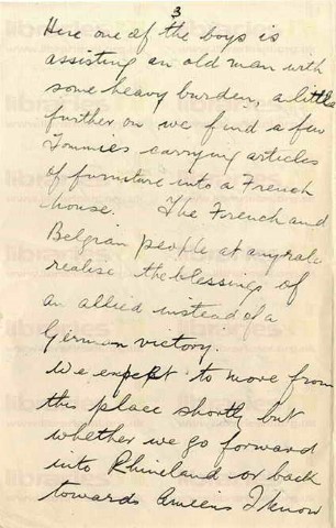 FIT 026. Letter from Fitzsimons to Goldsbrough 16 December 1918. Le Cateau, France. French civilians and soldiers. Page three of four. 