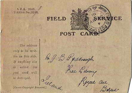 McC 018. Field Service Postcard from McCausland to Goldsbrough 20 May 1918. I am quite well. Page one of two. 