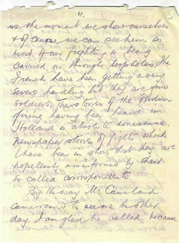 COU 031. Letter from Coulson to Elliott 27 February 1916. France. Gas advisor, snow, newspaper reporting, McCausland, officers and their men, trenches. Page four of eight. 