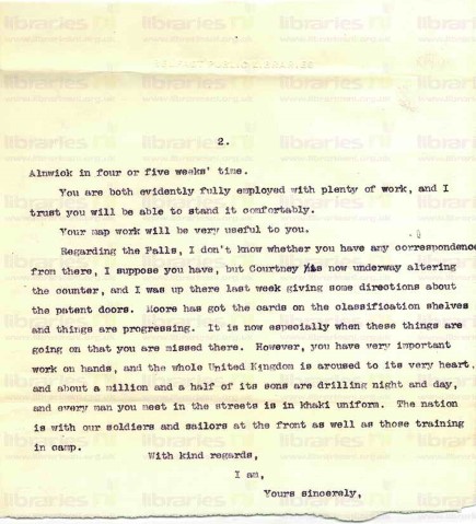 COU 007. Letter from Elliott to Coulson 10 November 1914. Advise on heel injury, Simpson commission, Falls Road Library, support for soldiers. Page two of two. 