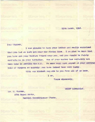 WAR 006. Letter from Elliott to Warren 25 March 1916. Officer receives military cross, Simpson. Page one of one. 