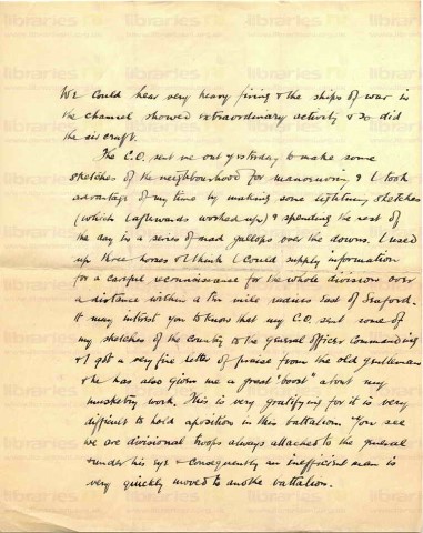 COU 019. Letter from Coulson to Elliott 5 July 1915. Seaford, Sussex. Camp, attack nearby, sketching, routine. Page two of three. 