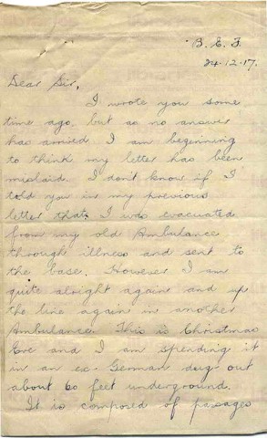 EAG 017. Letter from Eagleson to Goldsbrough 24 December 1917. France. Writing from an ex-German dug out. Page one of two. 