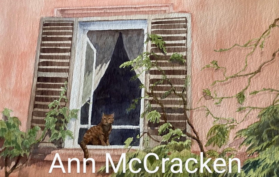A painting of a cat on a window ledge