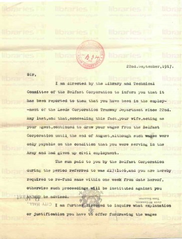 BUT 015. Letter from Town Solicitor [John McCormick] to Butler 22 September 1917. Employment with Leeds Tramway, refund of wages. Page one of three.