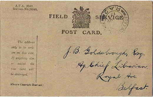 EAG 010. Field service Postcard from Eagleson to Goldsbrough 3 May 1917. I am quite well. Page one of two.